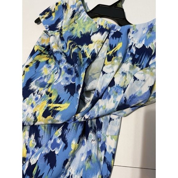 AGB Blue Yellow Floral Sheath Dress Cap Sleeve Midi Stretch Twill Size 14 - Picture 8 of 11